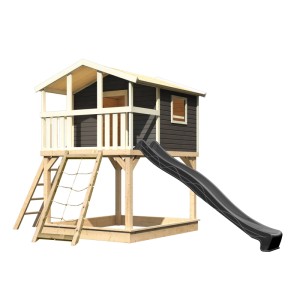 Karibu Stelzenhaus Benjamin mit Rutsche und Netzrampe, natur-grau. Kinder-Gartengerät aus Holz.