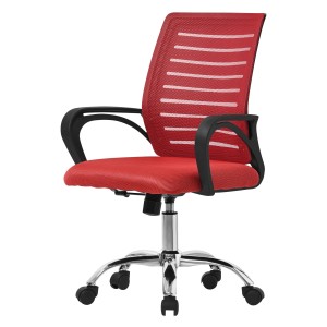 Roter ML-Design Bürostuhl, ergonomisch, höhenverstellbar, mit Netzrückenlehne und Armlehnen.