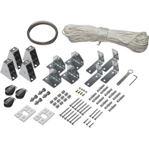 Caldera III Seilzugsystem Montage-Set für Sonnensegel, bestehend aus Seil, Rollen und Spannelementen.