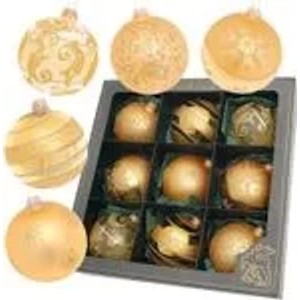 Neun goldene Weihnachtskugeln aus Glas, Ø 8 cm, mit verschiedenen Mustern in einer Box und einzeln.