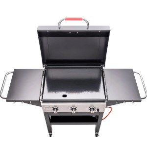 Char-Broil Griddle 3400 Gasgrill mit Gusseisenplatte, Seitenablagen und Deckel.