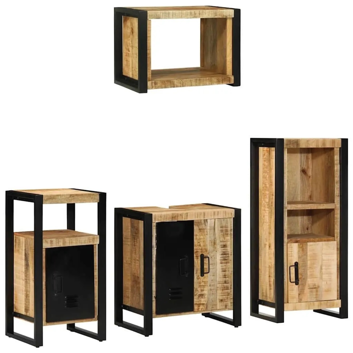 vidaXL Badezimmermöbel-Set 4 Tlg Braun und Schwarz Massivholz Mango 3305658