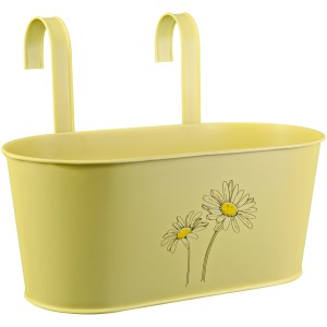 Gelbe Zink Hängeschale mit Blumenprint, ideal für Kräuter und Blumen.