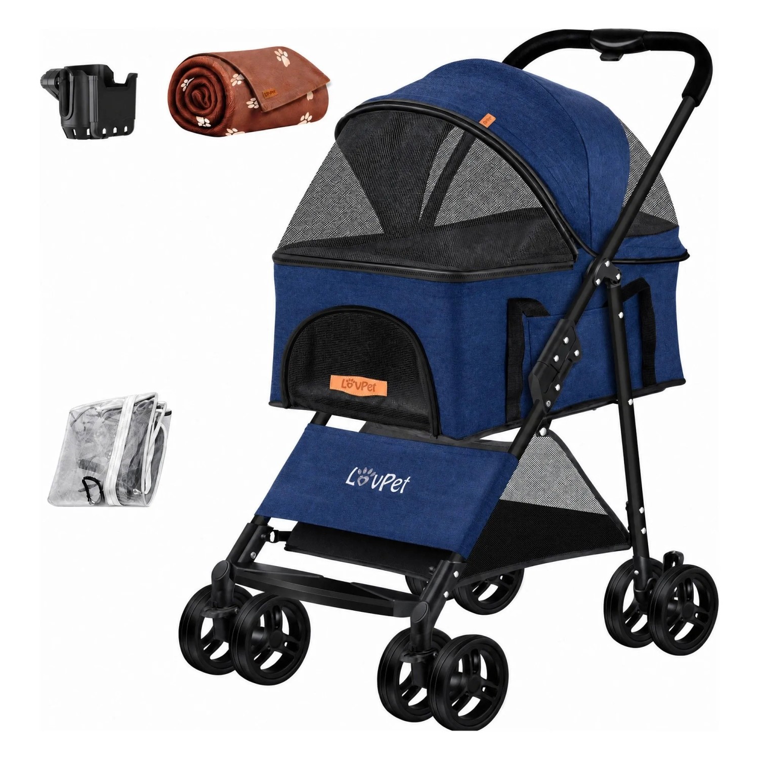 LOVPET Hundewagen 2in1 Hundebuggy Faltbar Bis 20 kg inkl. Netzfenster Navyblau