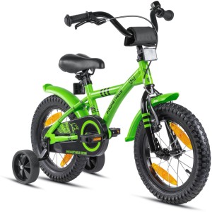 PROMETHEUS BIKES Kinderfahrrad 14 Zoll ab 4 Jahre mit Stützrädern und Rücktrittbremse Grün