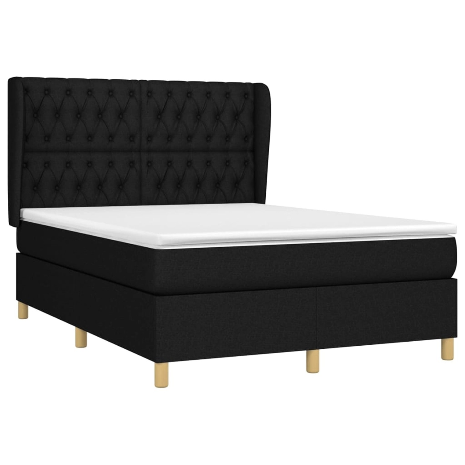 Schwarzes vidaXL Boxspringbett 140x190 cm mit Stoffbezug, Matratze und Kopfteil.