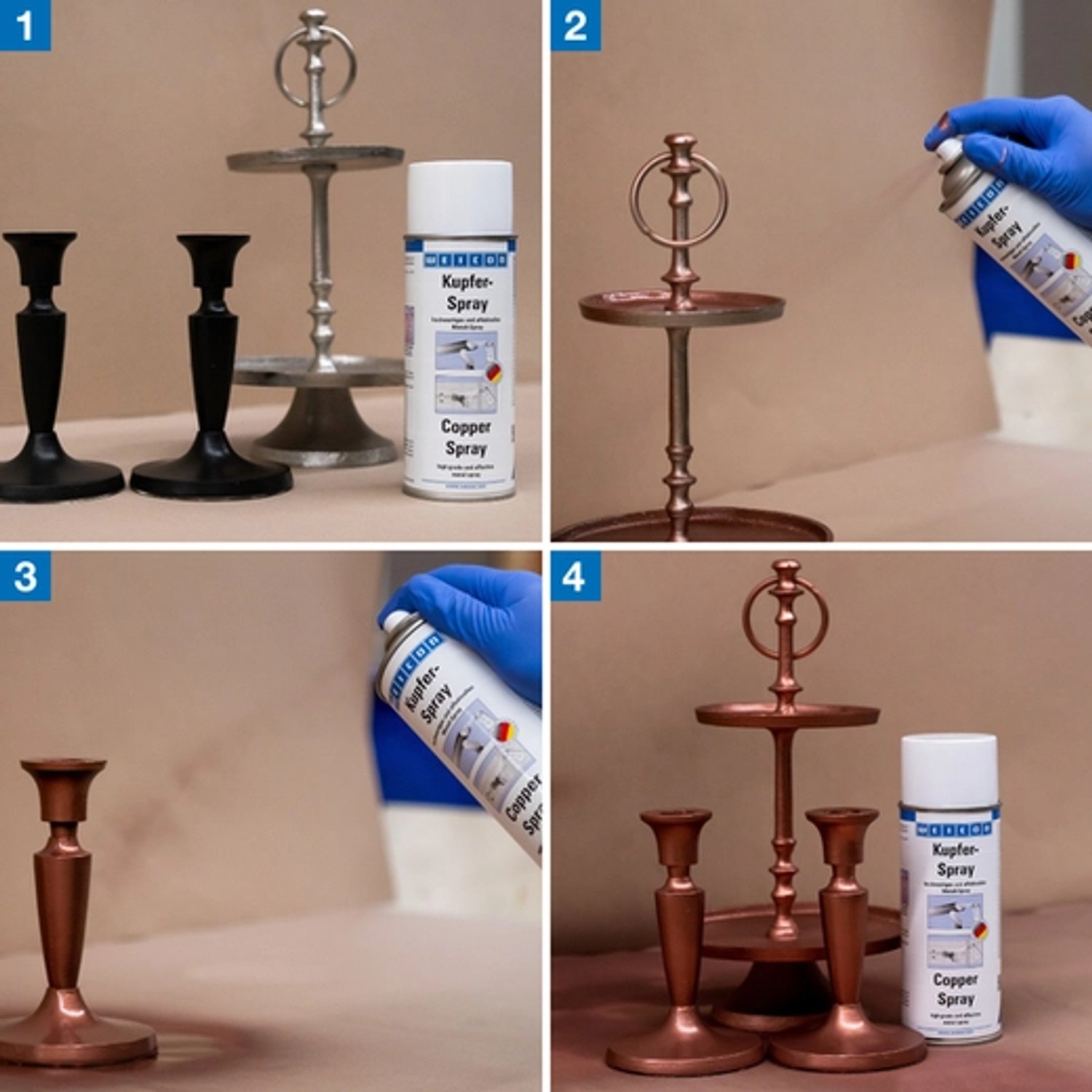 Anwendung von WEICON Kupfer-Spray auf Deko-Objekten. Spezial-Spray für Metalleffekt im Innen- und Außenbereich.