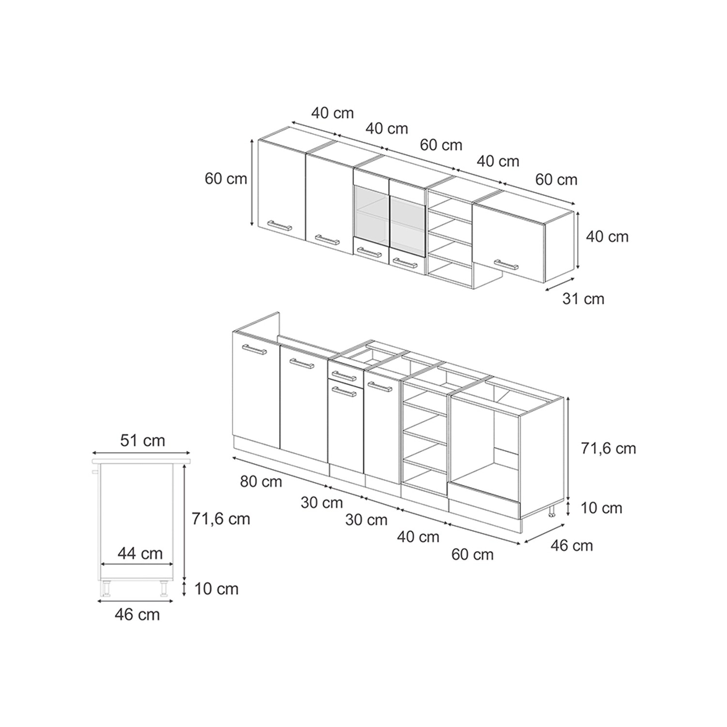 Skizze der Küchenzeile Vicco R-Line, 240 cm, in Anthrazit Landhaus/Goldkraft Eiche mit Marmor Arbeitsplatte.