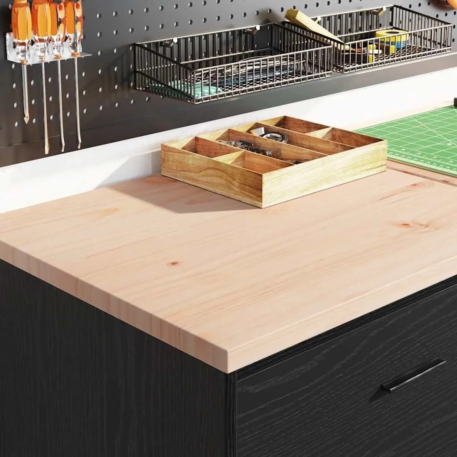 vidaXL Werkzeugschrank, schwarz, Kiefer Massivholz, Schubladen und Arbeitsplatte.