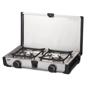 Enders Campingkocher Ryda 2Z mit zwei Brennern, Edelstahlgehäuse und Windschutz.