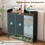 Schwarzer Schuhschrank mit Ganzkörperspiegel, drei Türen, offener Ablage und oberer Arbeitsplatte. Ideal für Flur.