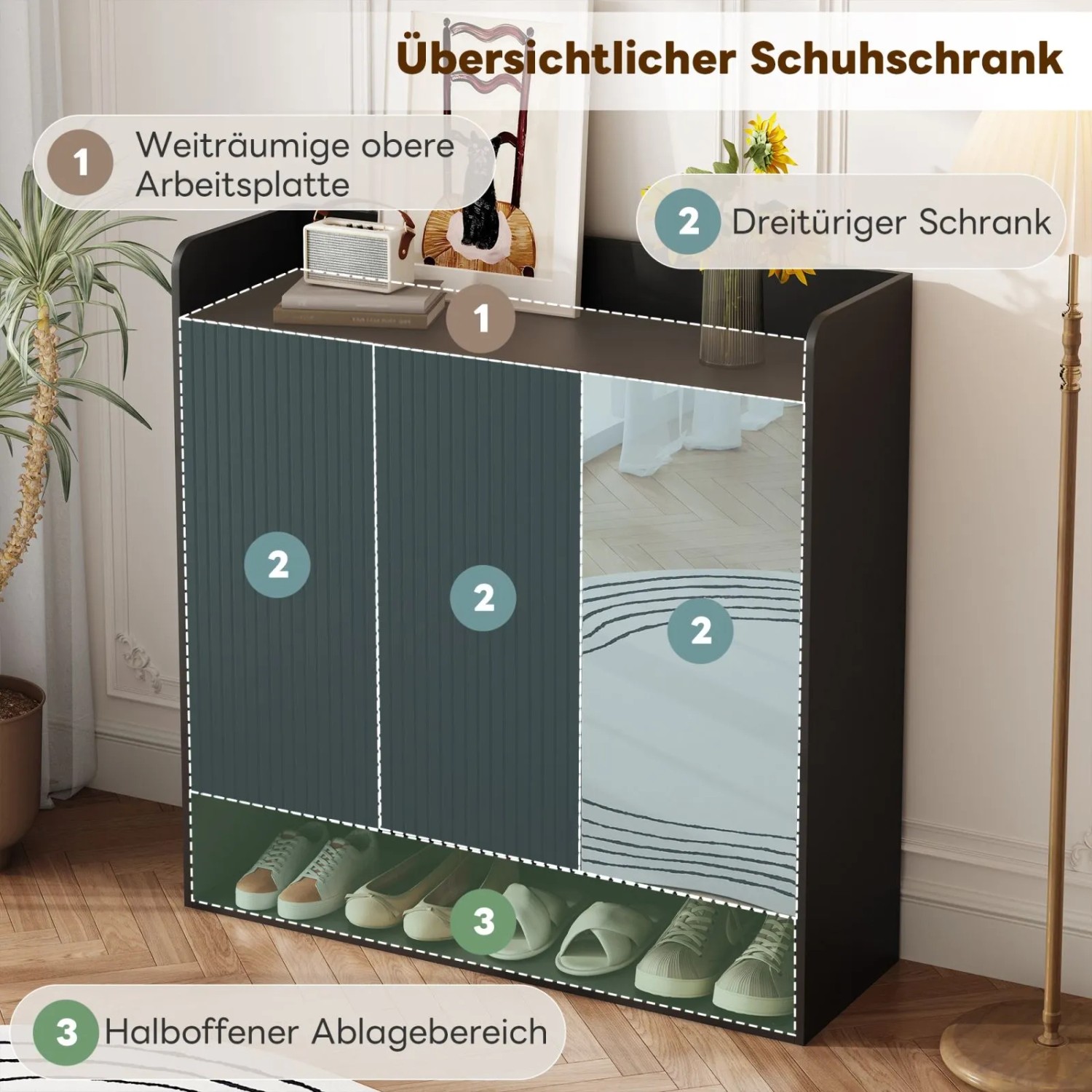 Schwarzer Schuhschrank mit Ganzkörperspiegel, drei Türen, offener Ablage und oberer Arbeitsplatte. Ideal für Flur.