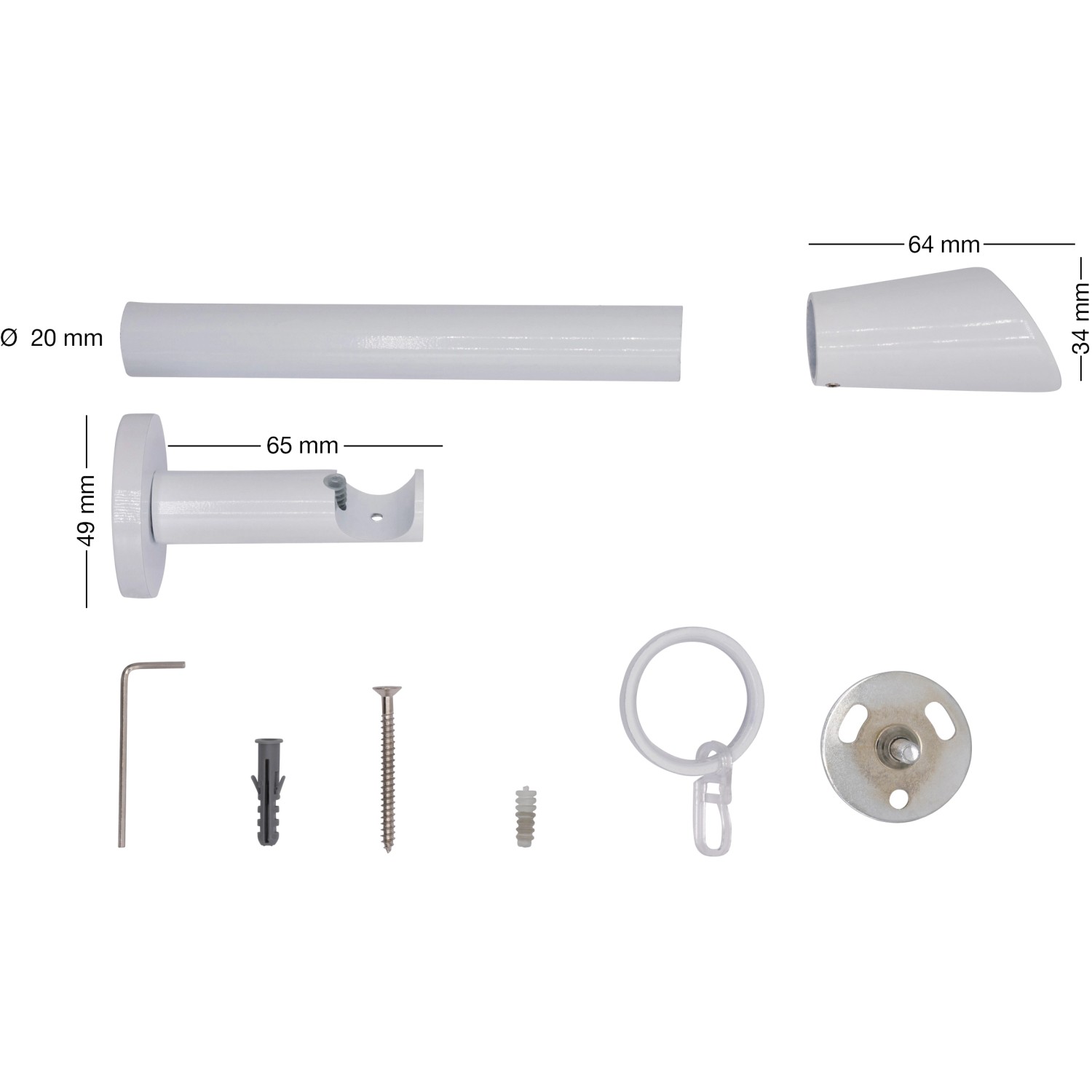 Mydeco Gardinenstange Weiß, 20mm Ø, 100cm mit Zubehör. Stilvolle Fensterdekoration.