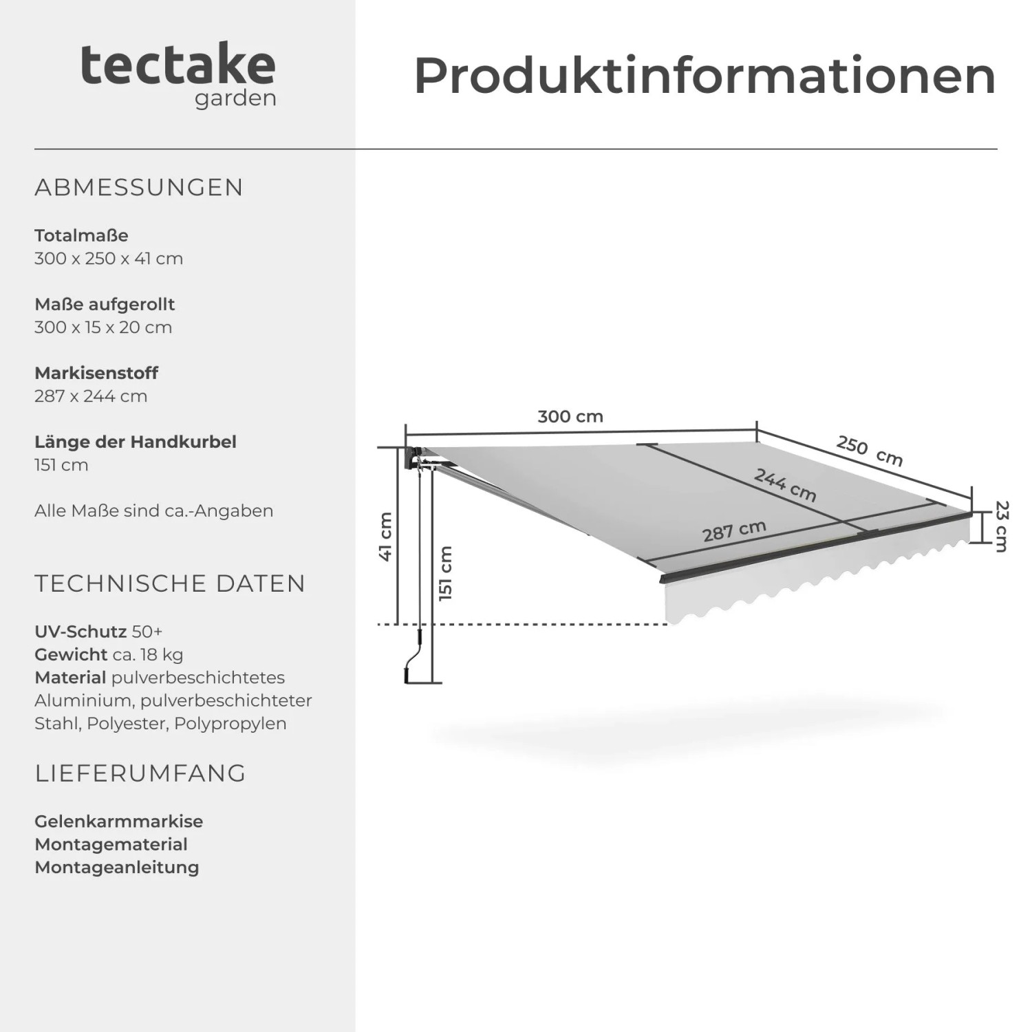 Tectake Gelenkarmmarkise Ornella Verschiedene Größen Uv Beständig und Wasserabweisend 300 x 250 cm 250 x 300 x 41 cm Hellgrau_6