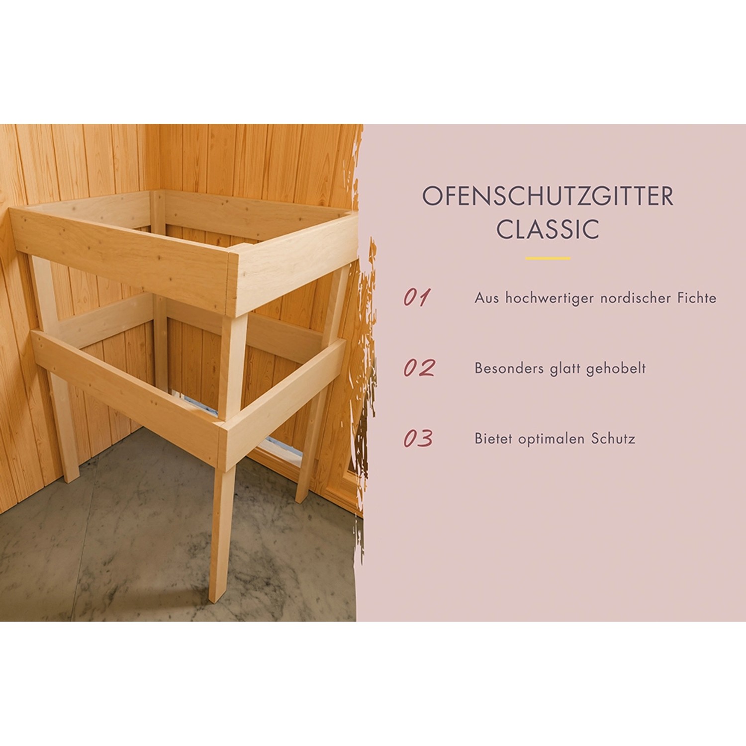 Karibu Ofenschutzgitter für Sauna Seros 3, Fichte natur, zum Schutz vor Verbrennungen.