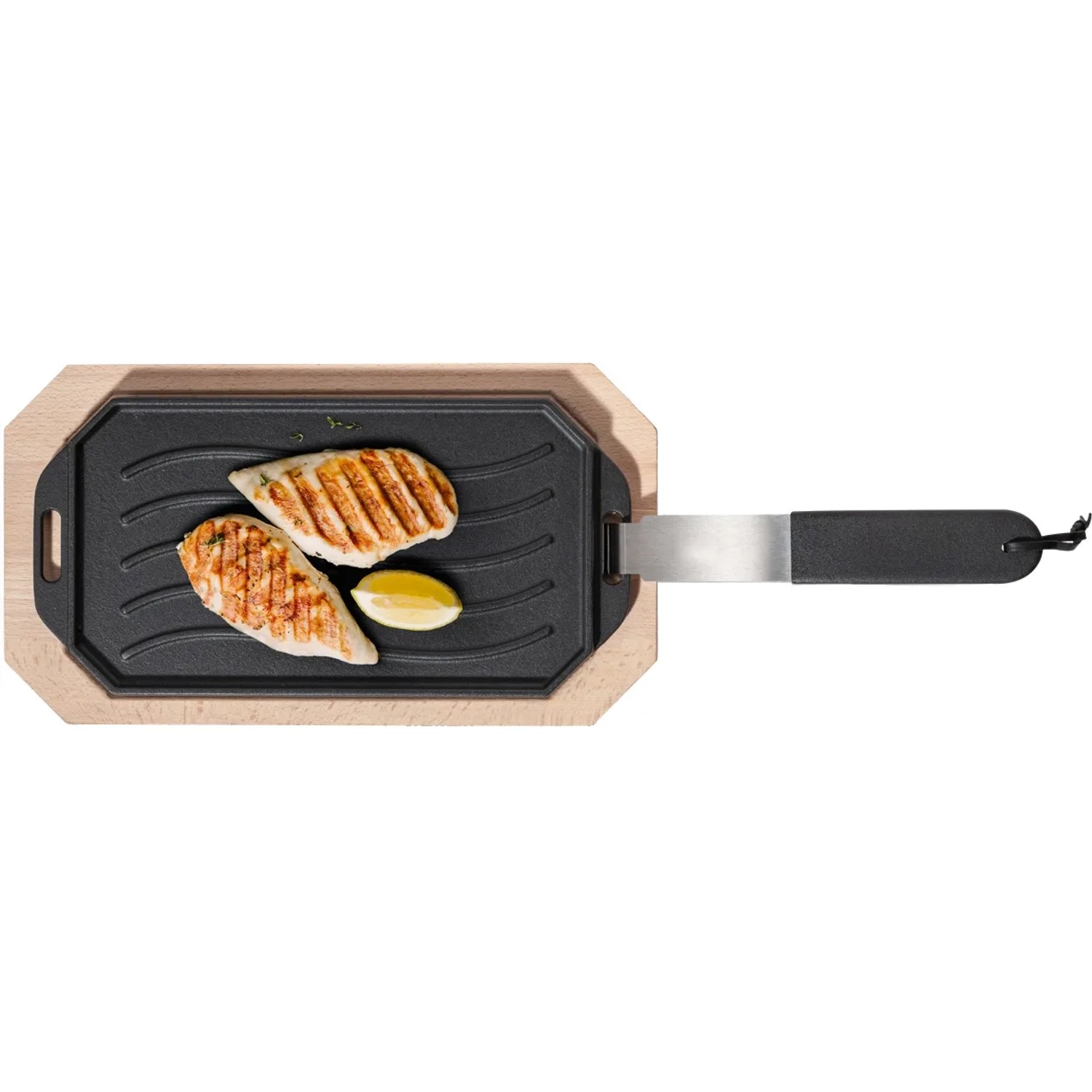 Cozze Gusseisenpfanne, wendbar, mit Holzuntersetzer, 33x16,5cm. Grillutensil mit Hähnchen und Zitrone.