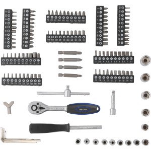 130-teiliges LUX Steckschlüssel-Set mit Knarre, Bits, Nüssen und Zubehör für Schraubarbeiten.