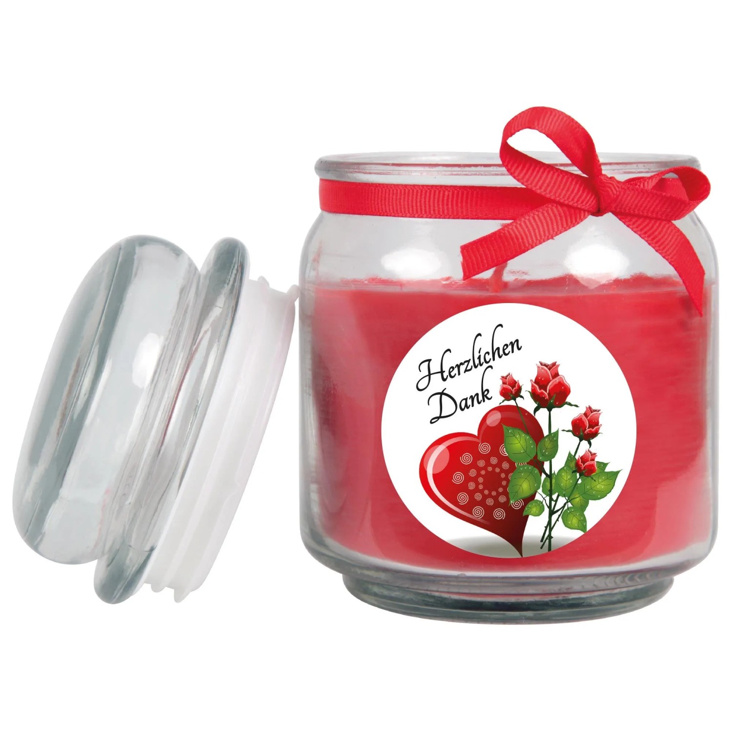 HS Candle Duftkerze "Danke" im Glas mit roter Schleife und Rosen-Motiv.