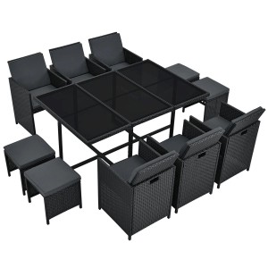 Schwarze 11-teilige Polyrattan Essgruppe Baracoa XL mit Tisch, Stühlen und Hockern.
