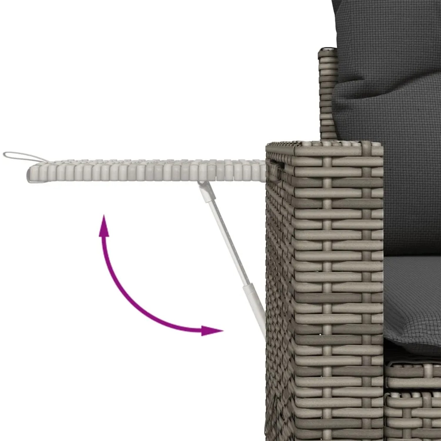 Gartenmöbel: Detailansicht der klappbaren Ablage am Sofa der vidaXL Sofagarnitur aus grauem Rattan.