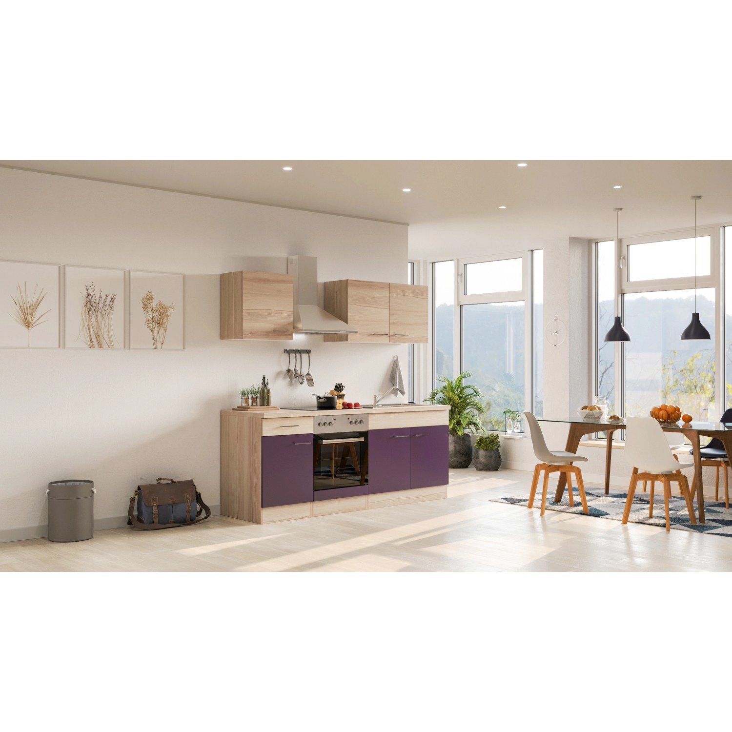 Flex-Well Exclusiv Küchenzeile/Küchenblock Focus 210 cm Akazie - Aubergine