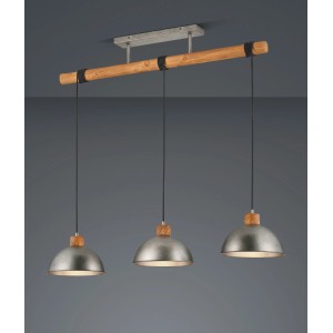 Vintage Trio Pendelleuchte Delhi, 3-flammig, Nickel antik, Holz und Metall. Deckenlampe für E27 Leuchtmittel.