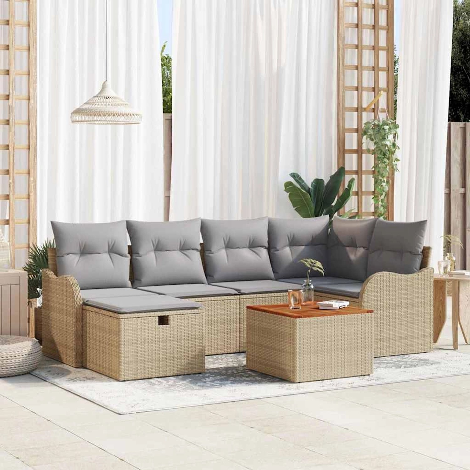 Beiges 7-teiliges vidaXL Garten-Sofa-Set aus Rattan mit Kissen und Stauraum.