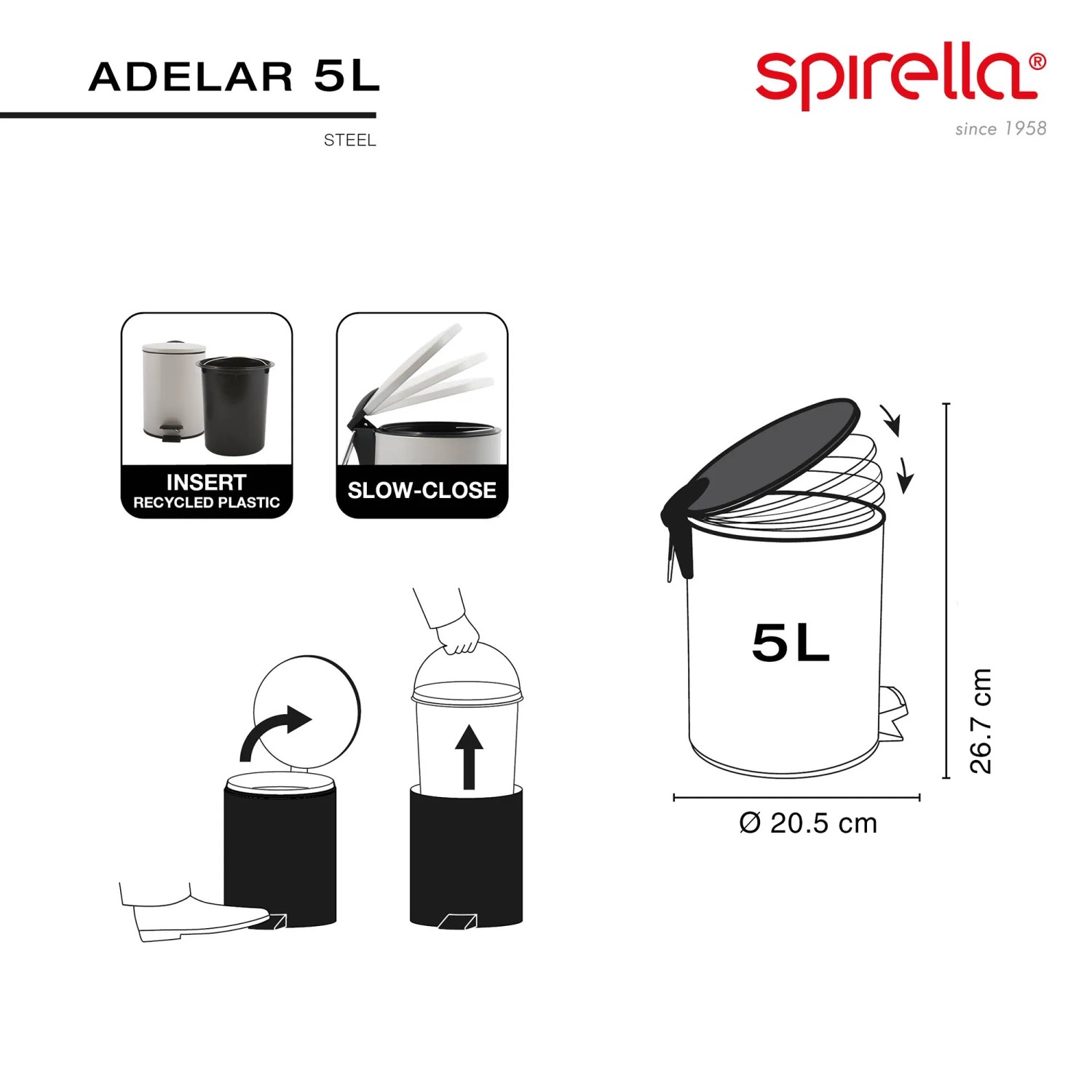 Spirella Kosmetikeimer Adelar, 5L, mattschwarz, mit Pedal und Soft-Close-Deckel.