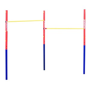 Hudora Doppel-Turnreck Fabian, rot/blaue Ständer mit gelben Stangen, höhenverstellbar.