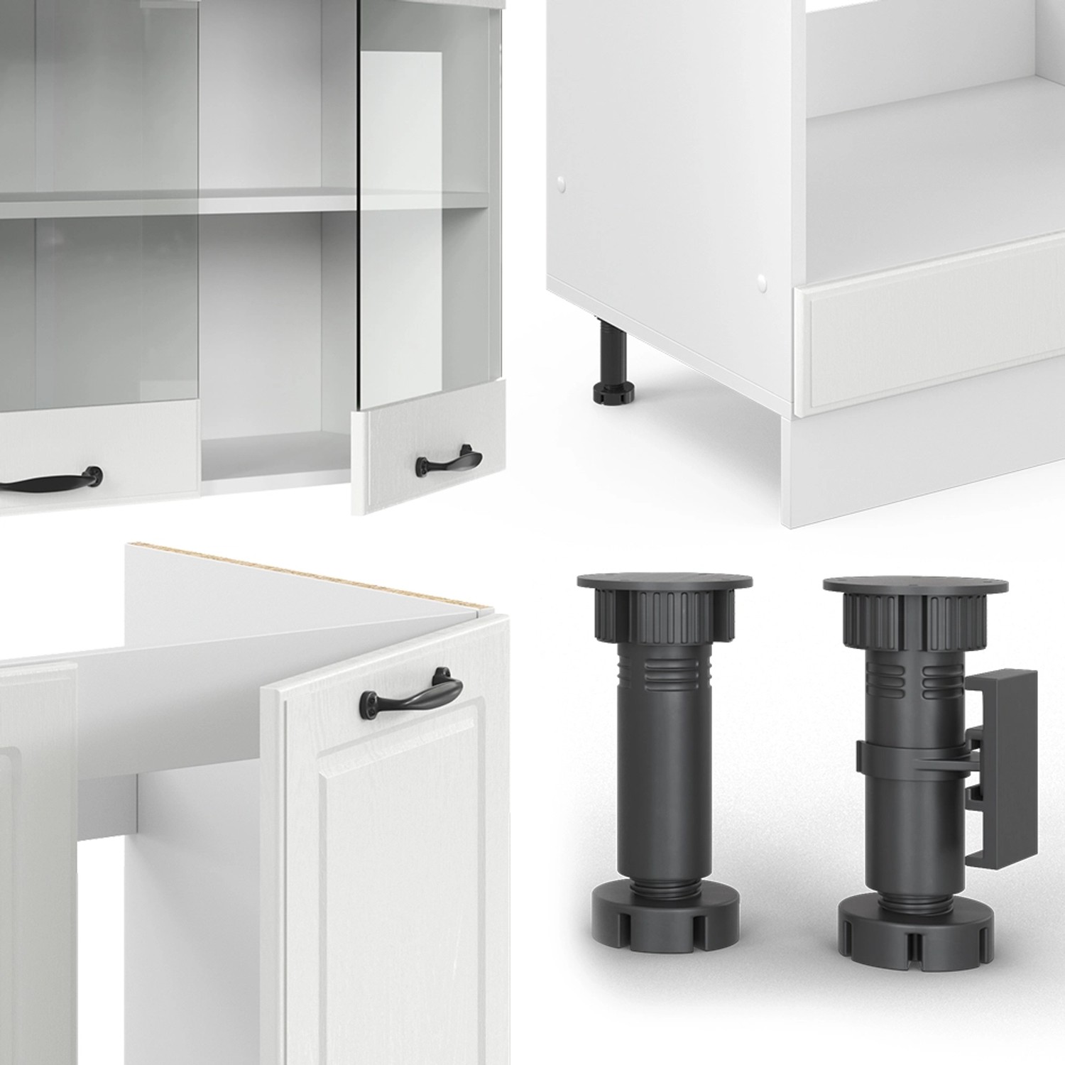 Details der Vicco R-Line Eckküche Weiß Landhaus: Schränke, Füße, Schubladen.