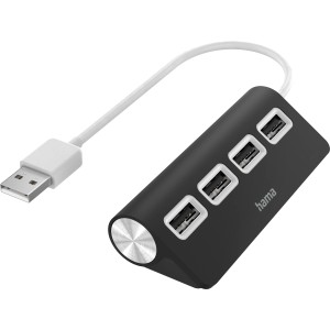 Schwarzer Hama USB-Hub mit 4 USB 2.0 Anschlüssen für Computerzubehör.