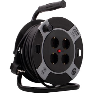 REV Ritter Kabeltrommel mit 25 m Kabel, 4 Steckdosen, Thermoschutz, schwarz-grau.