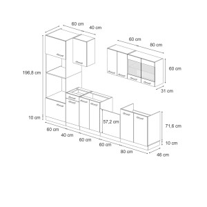 Skizze der Vicco R-Line Küche in Schwarz Hochglanz/Goldkraft Eiche, 300 cm breit, mit Maßen.