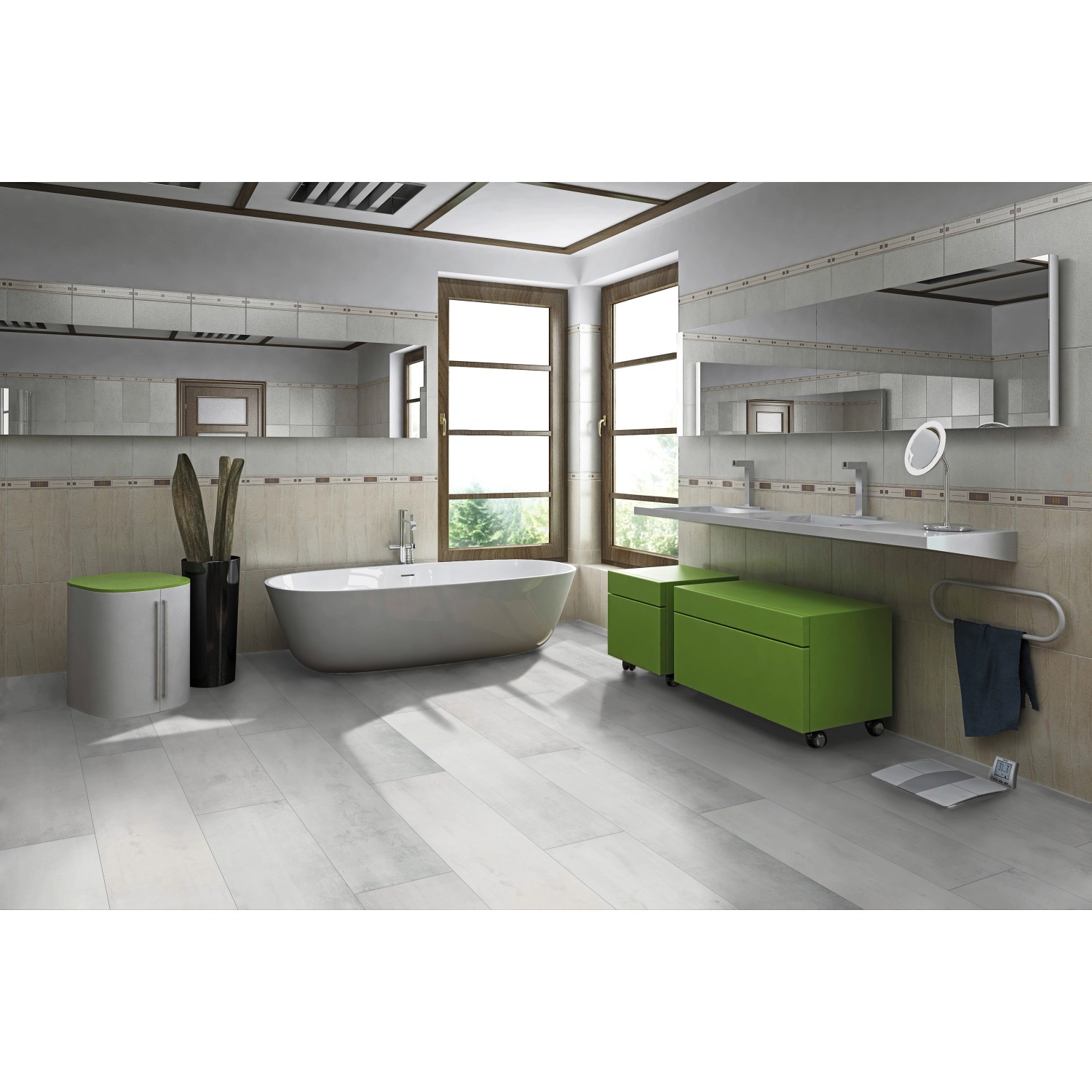 Helles Bad mit Classen Ceramin Fliesen Neo Vario Bianco im Großformat als Bodenbelag.