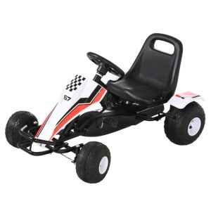 Weiß-schwarzes HOMCOM Go Kart Kinderfahrzeug mit Pedalantrieb, verstellbarem Sitz und roten Rennstreifen.
