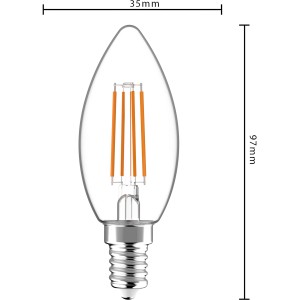 E14 LED Leuchtmittel in Kerzenform, 4,5W, warmweiß, mit Maßangaben (35x97mm).