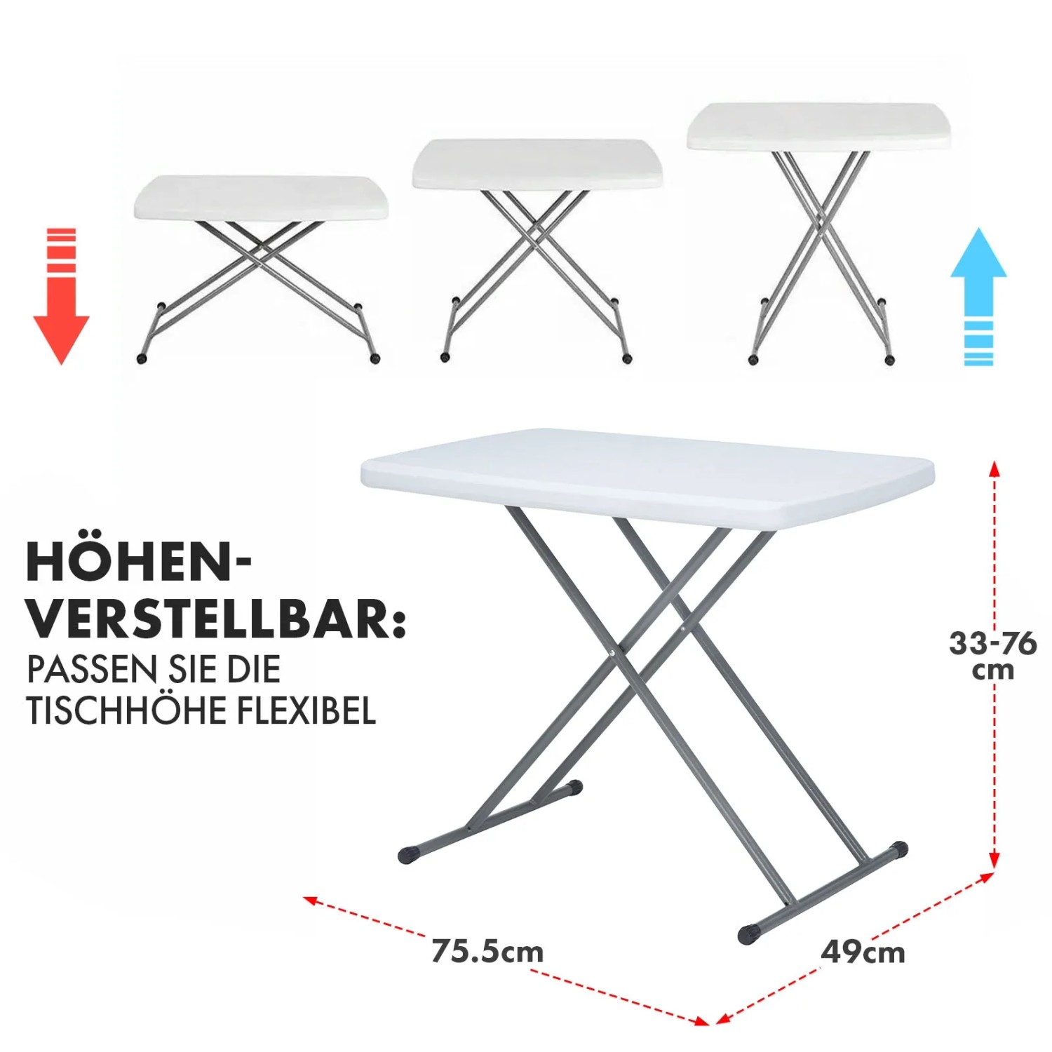 Weißer, höhenverstellbarer KARAT Klapptisch Nara, ideal für Garten, Balkon und Camping.