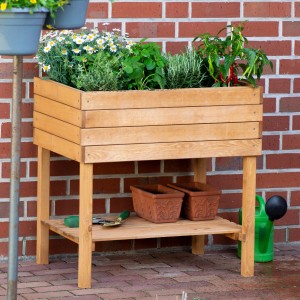 Braun gebeiztes Holz-Hochbeet 80x80x60 cm mit Ablageboden für Garten & Balkon.