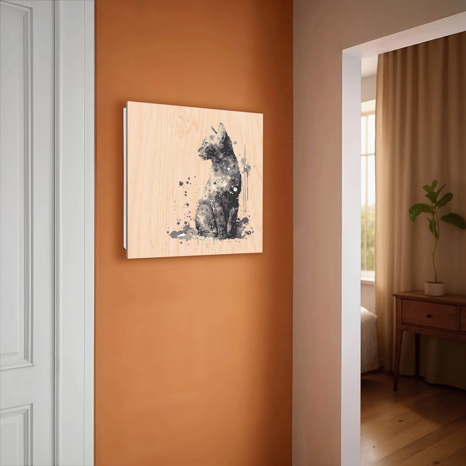 Weißer Schlüsselkasten aus Holz mit Aquarellkatze, 50 Haken für Garderobe.