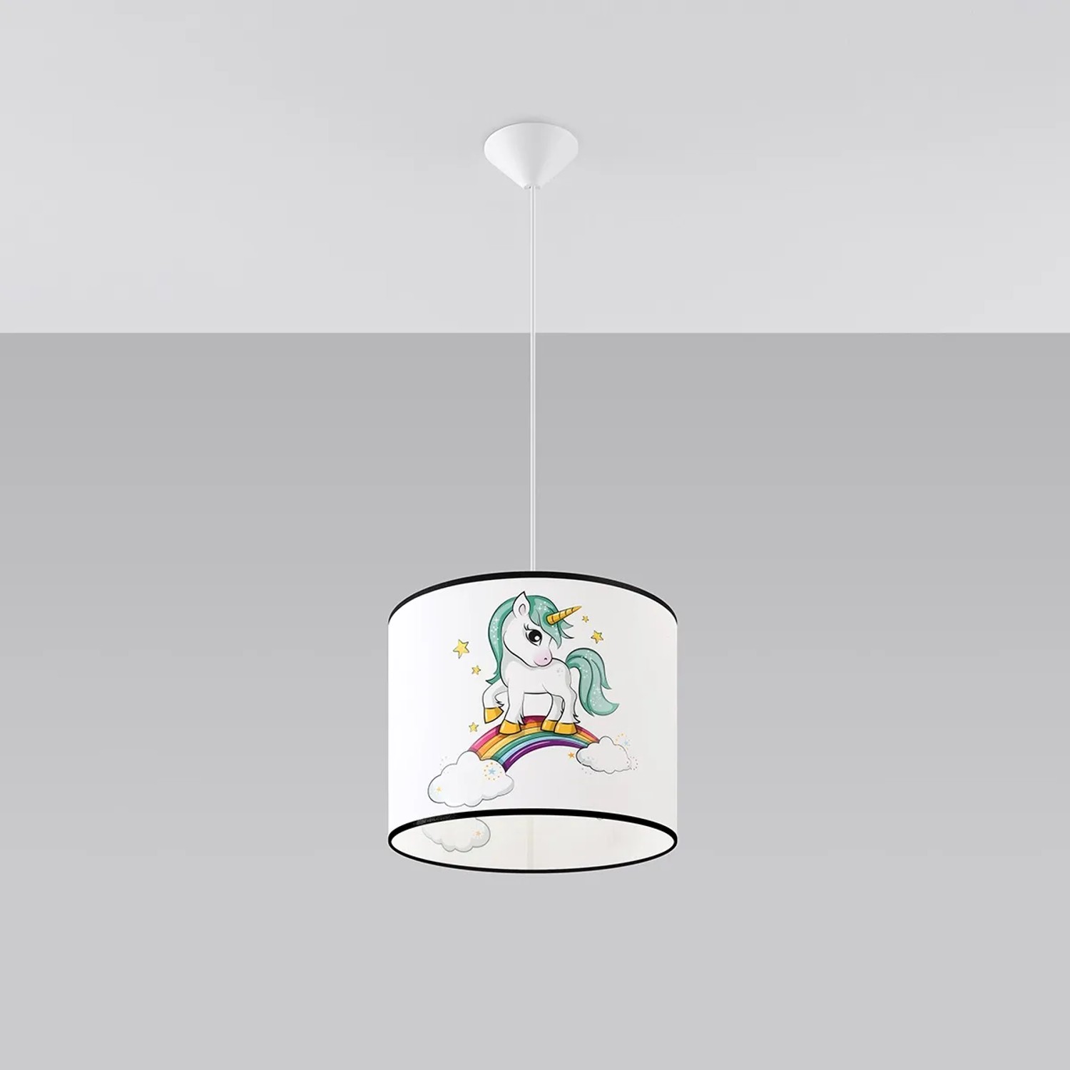 Hängeleuchte Unicorn 30: Kinderlampe mit Einhorn und Regenbogen für das Kinderzimmer.