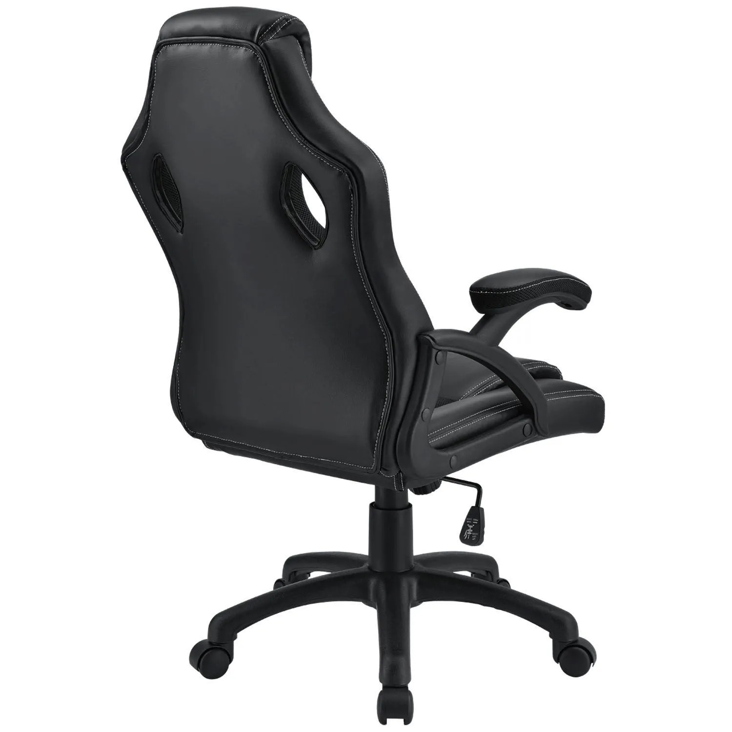 Juskys Racing Schreibtischstuhl Montreal, schwarz, Rückansicht. Bürostuhl mit ergonomischer Form und gepolsterten Armlehnen.
