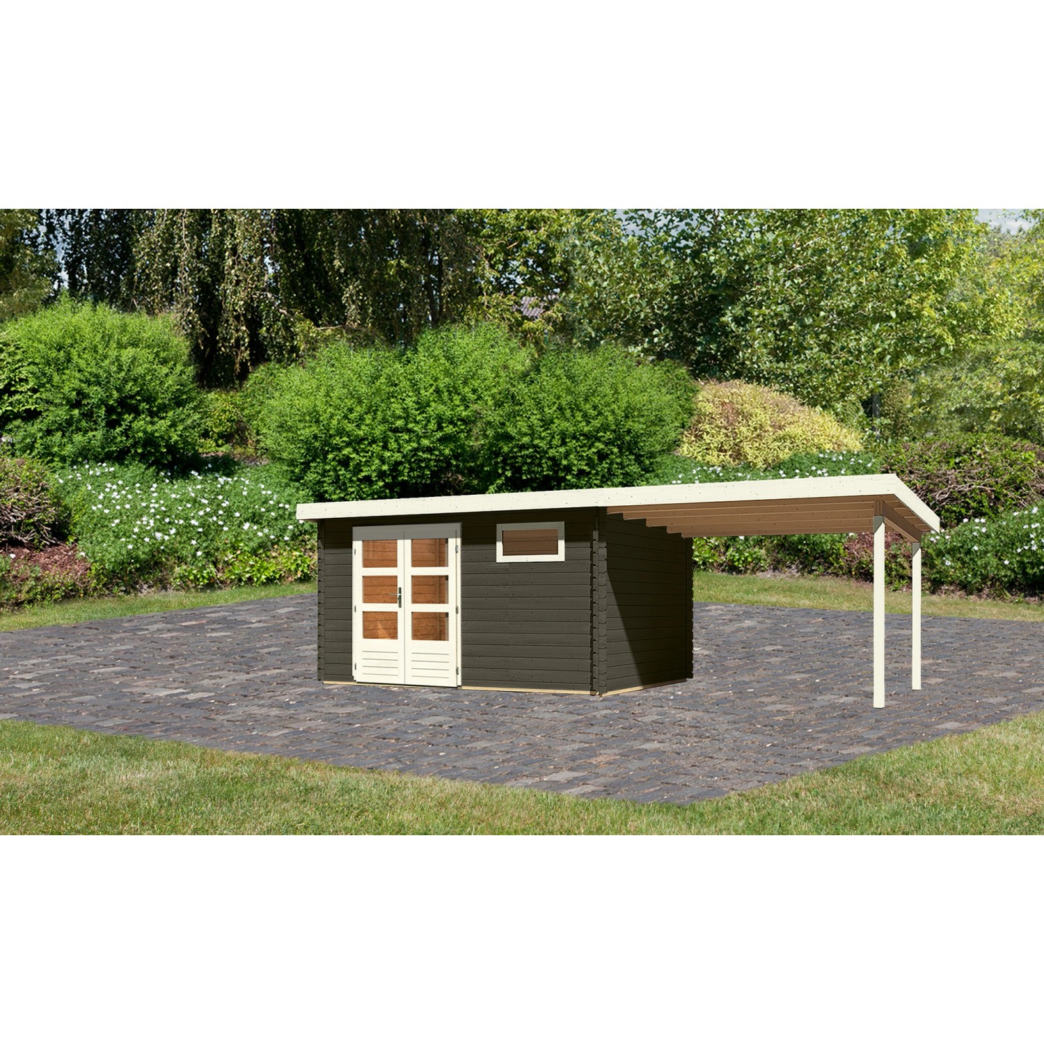 Karibu Gartenhaus Ängelholm 8 Terragrau 669 cm x 297 cm mit Anbaudach günstig online kaufen