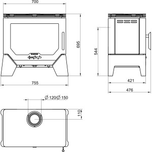 Technische Zeichnung Wamsler W - Box Kaminofen Stahl Schwarz mit Maßen.