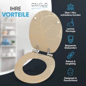 Sanilo WC-Sitz Hosta mit Absenkautomatik, Holz, beige mit Blattmuster.