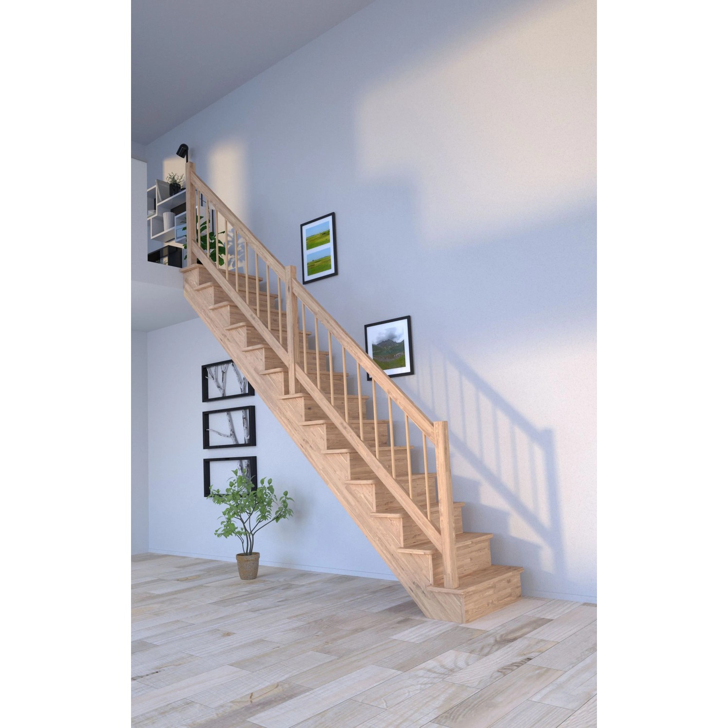 Gerade Eichenholztreppe Lindos mit Setzstufen und Holz-Design-Geländer, 100 cm breit.