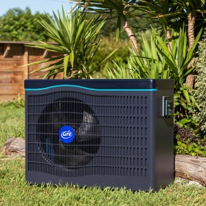 Graue Gre Full-Inverter-Wärmepumpe für Pools bis 60 m³ im Garten.