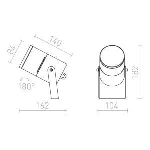 Technische Zeichnung Rendl Außenleuchte Ross Anthrazitgrau. Maße und 180° Schwenkbarkeit des LED-Außenstrahlers IP65.