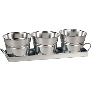 Zink-Eimer-Set, 4-teilig, mit Tablett, ideal für Kräuter und kleine Pflanzen.