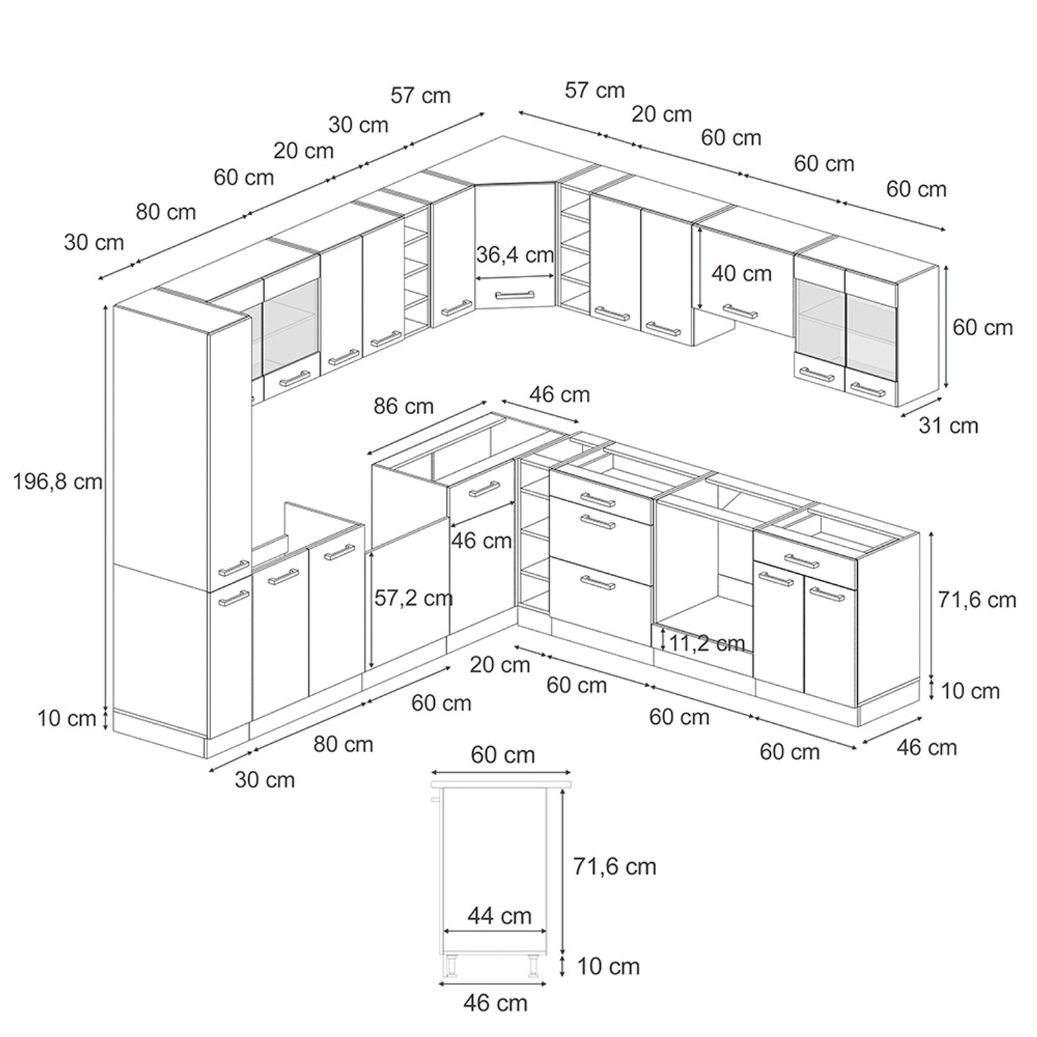 Skizze der roten/anthrazitfarbenen Vicco R-Line Eckküche (257x277cm) im J-Shape Design mit Maßangaben.