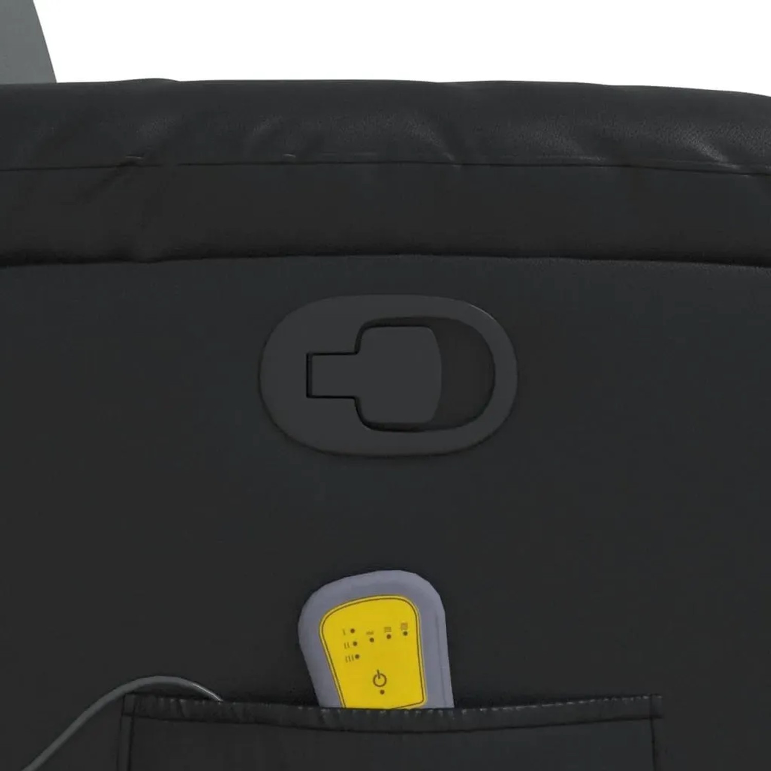 Detailansicht: Schwarzer vidaXL Massagesessel mit Fernbedienung und Verstellhebel.